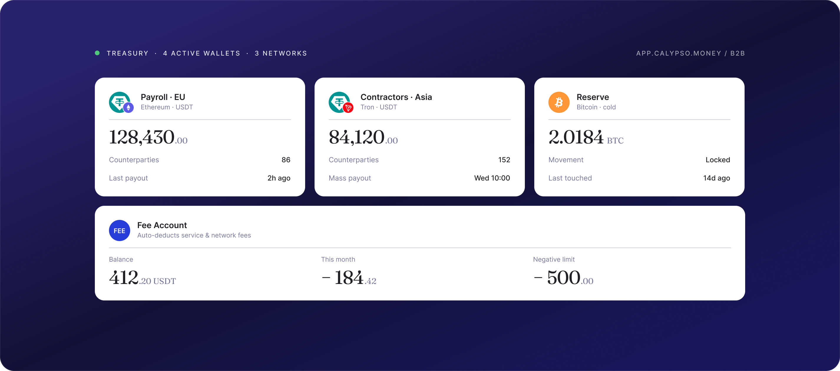 B2B Wallet dashboard with payouts, collecting wallets, and balances