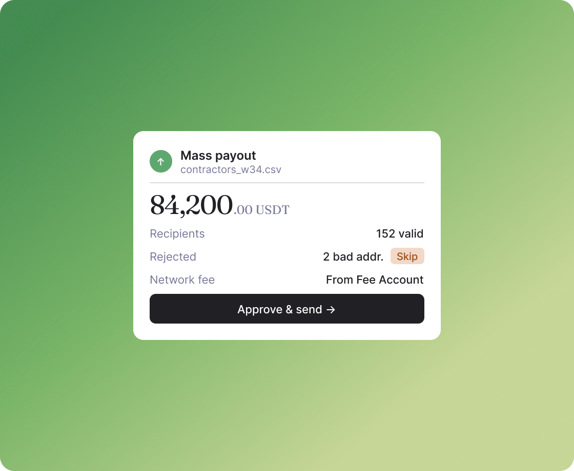 Mass payout UI on a green gradient