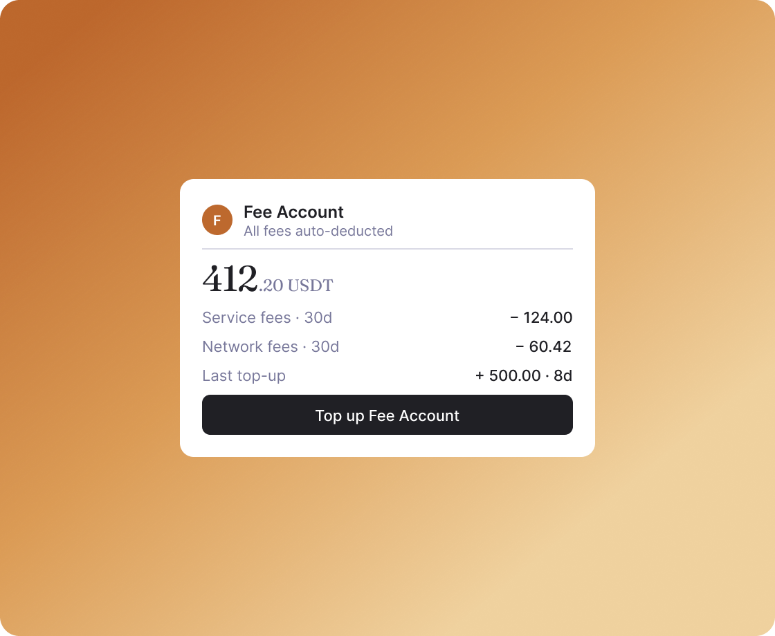 Fee account UI on an orange gradient