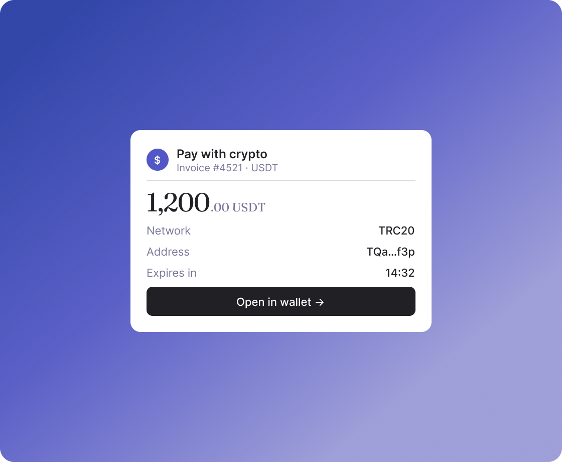 Pay with crypto checkout widget on a purple gradient