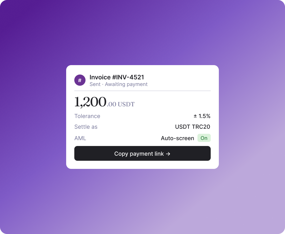 Invoice payment UI on a purple gradient