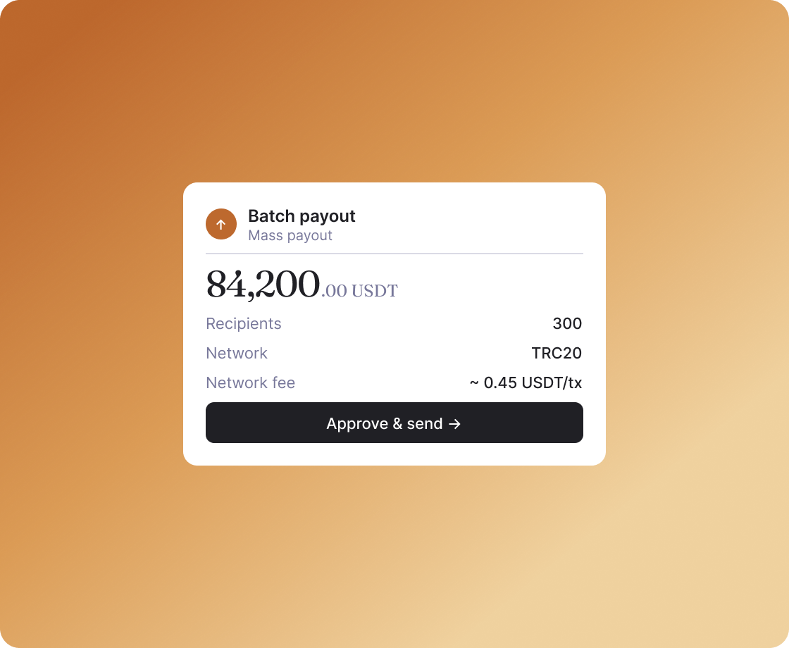 Mass payout UI on an orange gradient