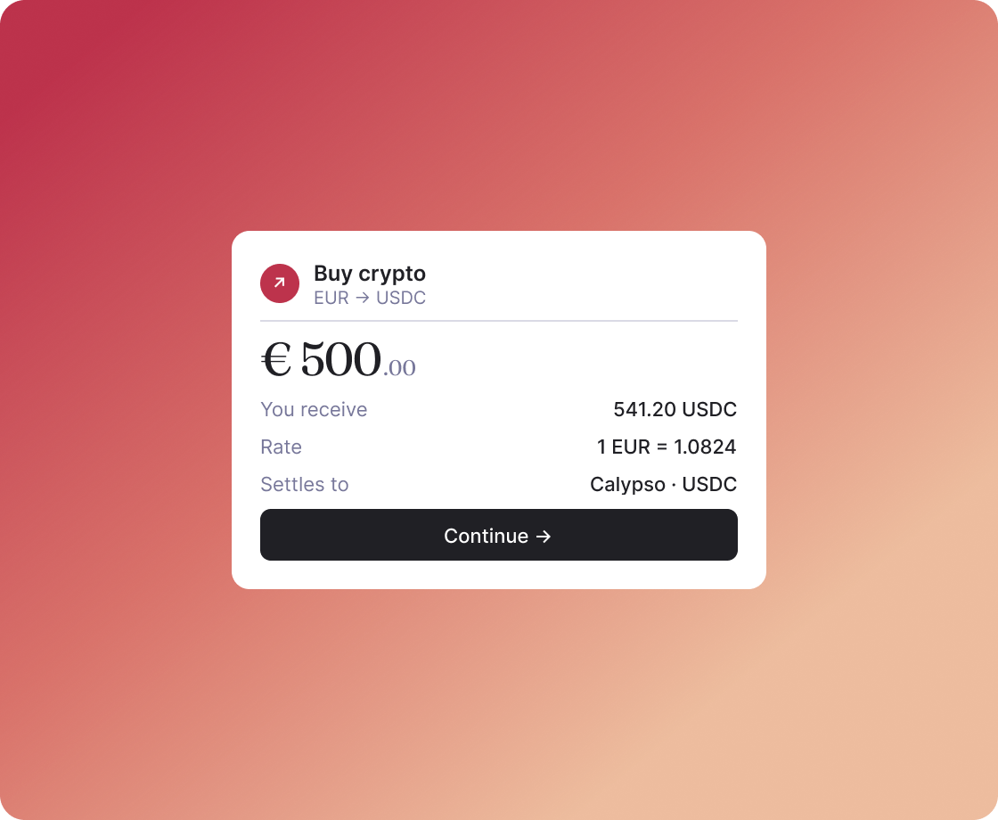 Buy crypto UI on a coral gradient
