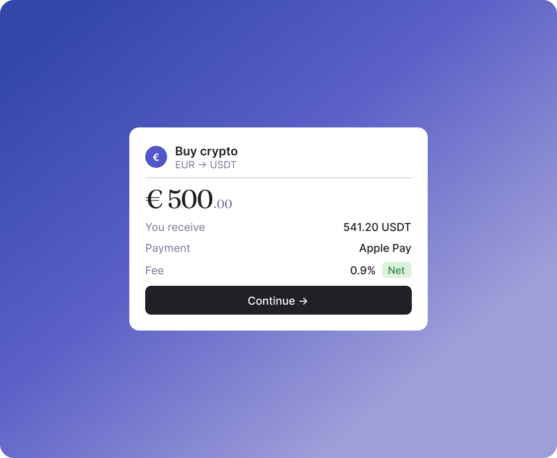 Embeddable Onramp widget on a purple gradient