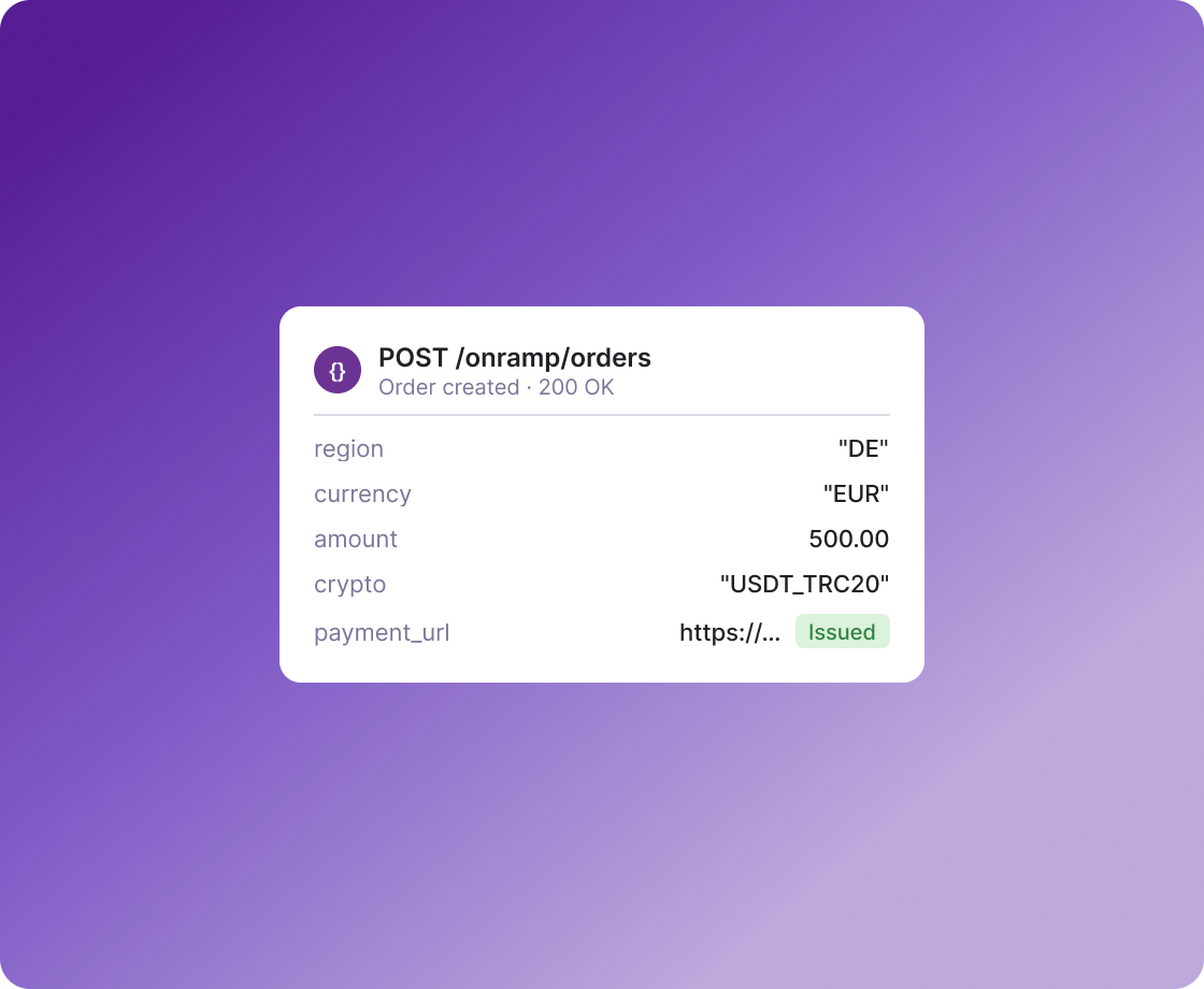 Custom Onramp API flow on a purple gradient