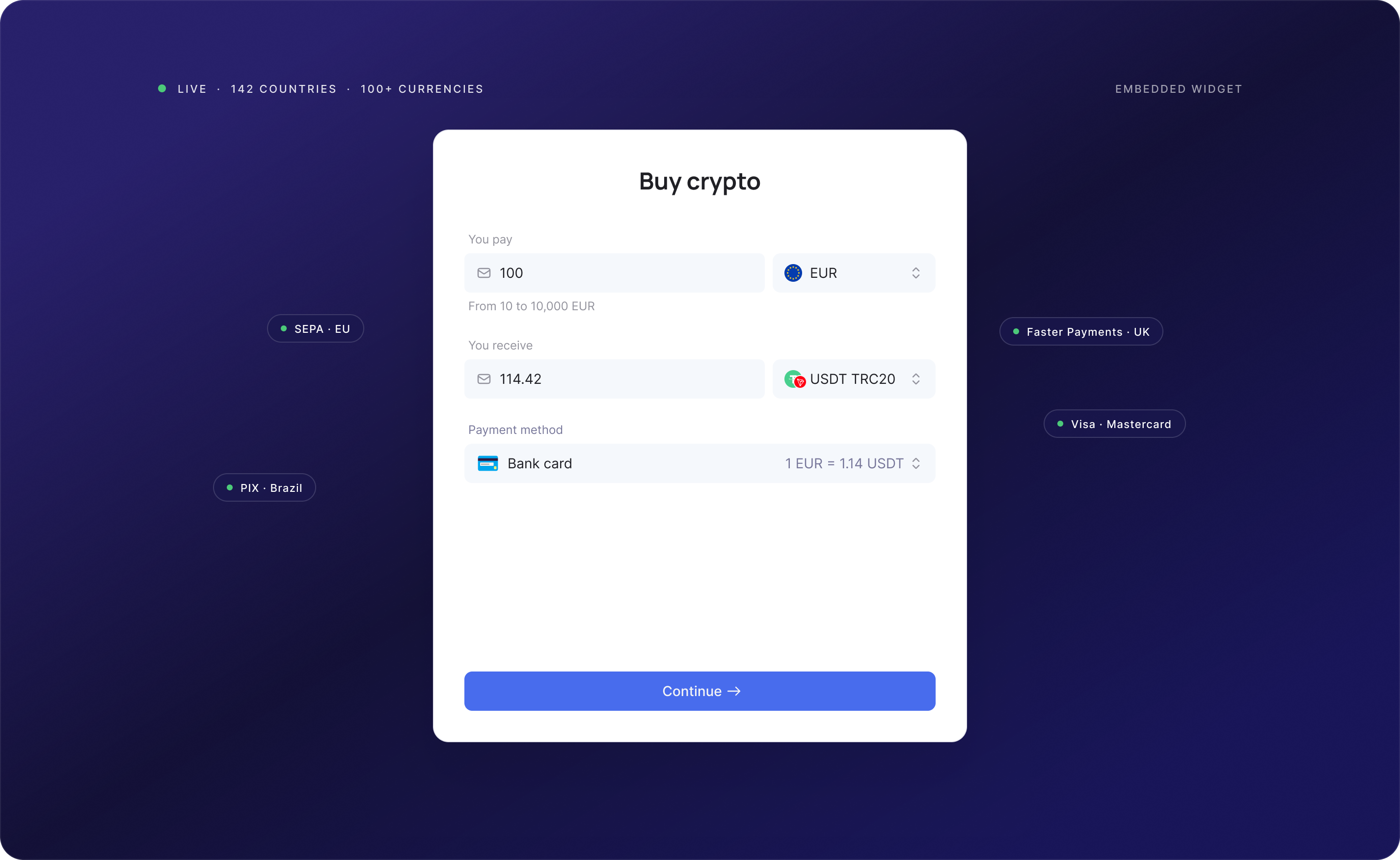 Onramp buy crypto widget showing fiat to crypto conversion